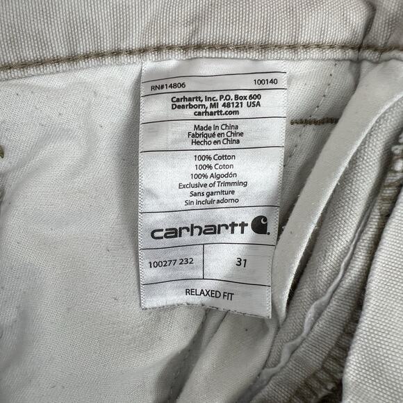 DISTRESSED- Carhartt Men's Size 31 Relaxed Fit Work Cargo Shorts Tan Khaki Beige - Picture 13 of 14